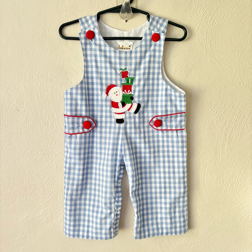 Babeeni Blue & White Checkered Christmas‎ Applique One Piece Baby Boy Outfit